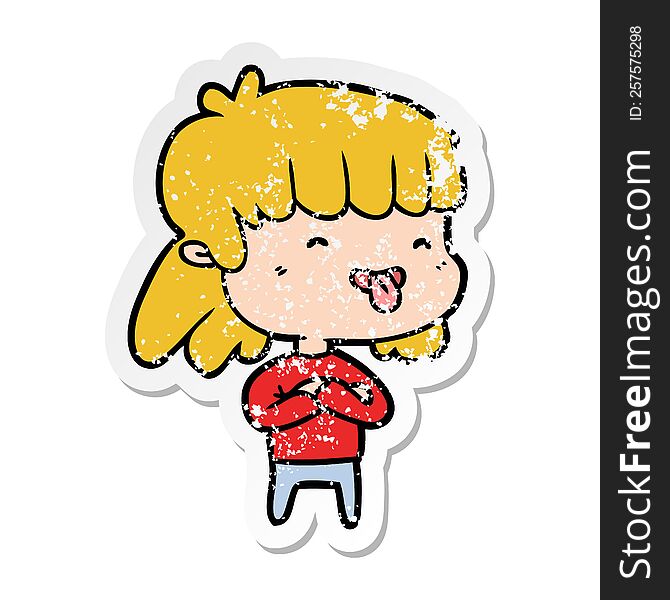 distressed sticker of a cartoon girl sticking out tongue
