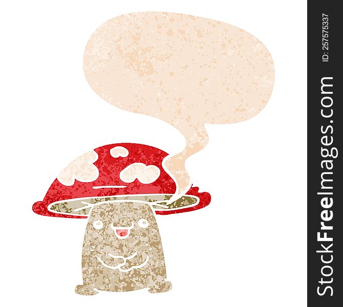 Cartoon Mushroom Character And Speech Bubble In Retro Textured Style
