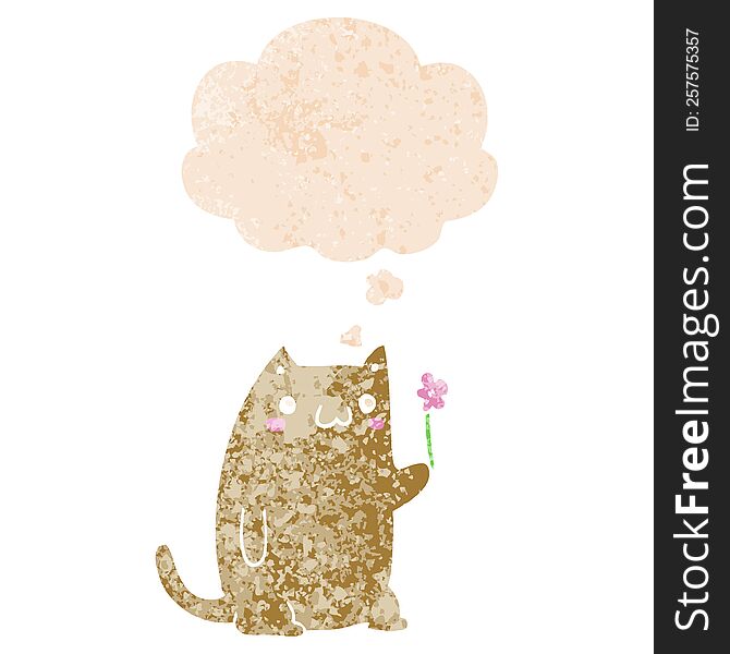 Cute Cartoon Cat With Flower And Thought Bubble In Retro Textured Style