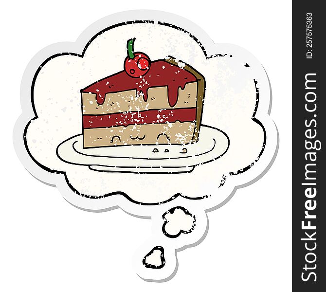 Cartoon Cake And Thought Bubble As A Distressed Worn Sticker