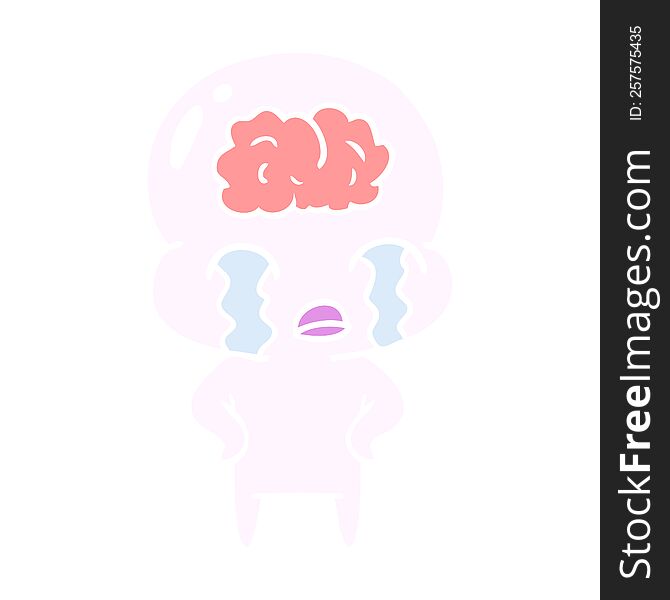 Flat Color Style Cartoon Big Brain Alien Crying
