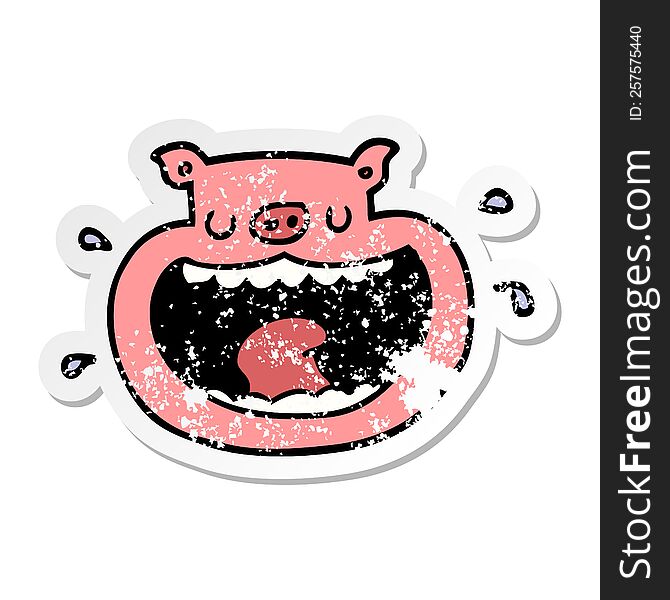 distressed sticker of a cartoon obnoxious pig
