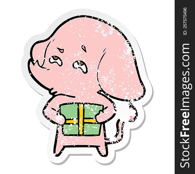 Distressed Sticker Of A Cartoon Elephant With Gift Remembering