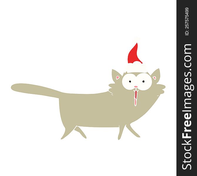 Flat Color Illustration Of A Cat Wearing Santa Hat
