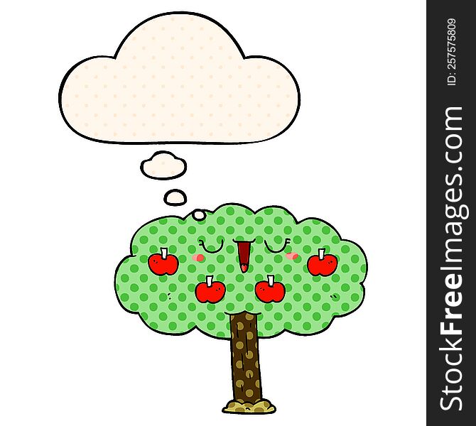 Cartoon Apple Tree And Thought Bubble In Comic Book Style
