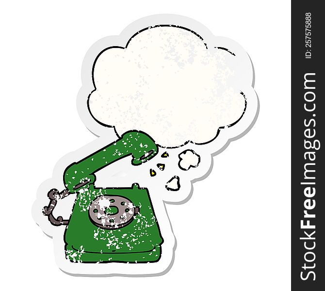 cartoon old telephone and thought bubble as a distressed worn sticker