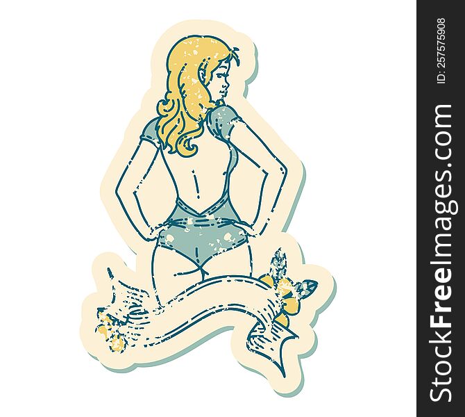 distressed sticker tattoo in traditional style of a pinup swimsuit girl with banner. distressed sticker tattoo in traditional style of a pinup swimsuit girl with banner