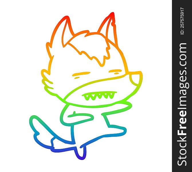 rainbow gradient line drawing of a cartoon wolf kicking