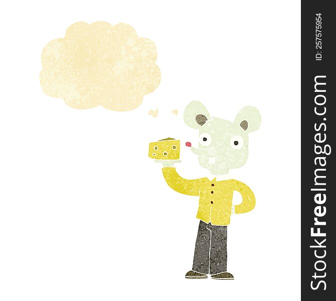 cartoon mouse holding cheese with thought bubble