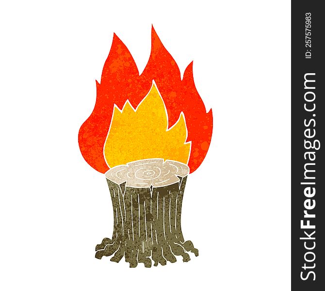 freehand retro cartoon big tree stump on fire