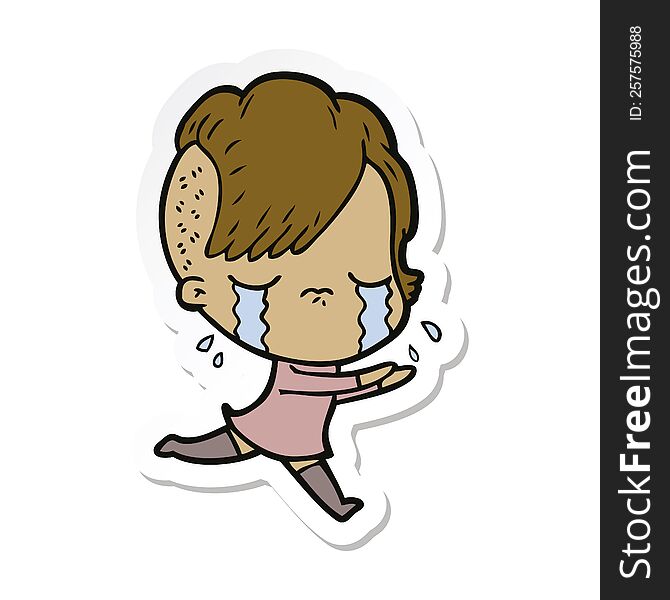 sticker of a cartoon crying girl running away