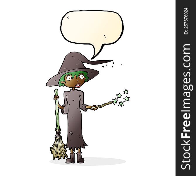 cartoon witch casting spell with speech bubble