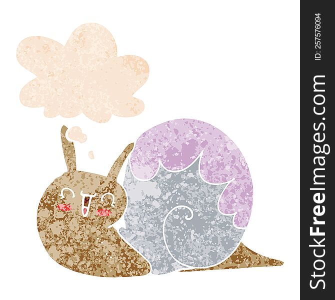 Cute Cartoon Snail And Thought Bubble In Retro Textured Style