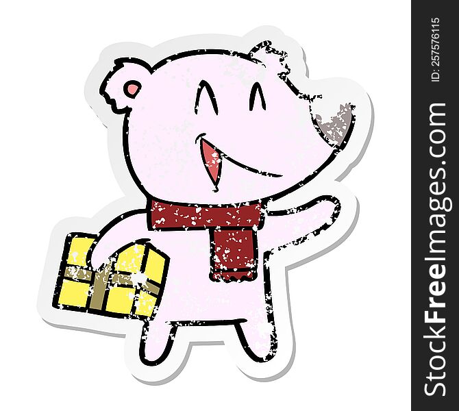 Distressed Sticker Of A Laughing Christmas Bear Cartoon