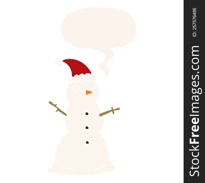 cartoon snowman with speech bubble in retro style