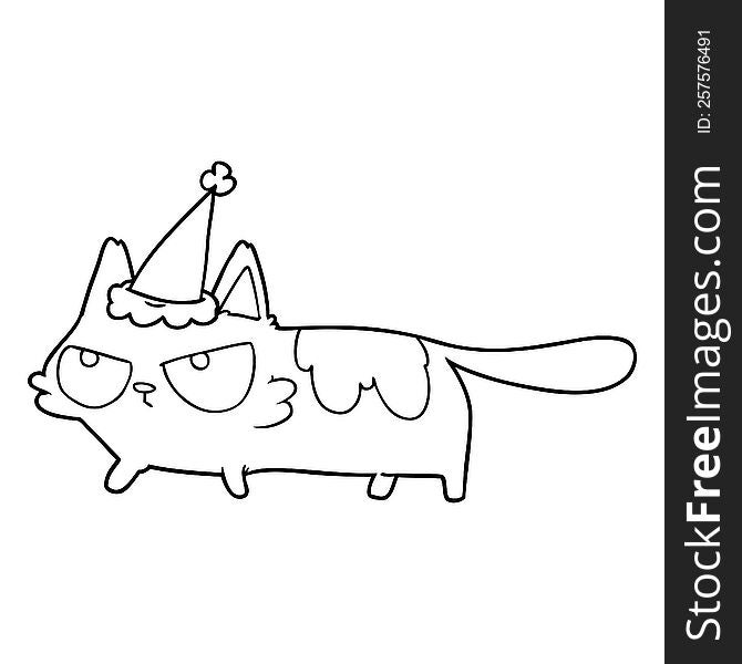 hand drawn line drawing of a angry cat wearing santa hat