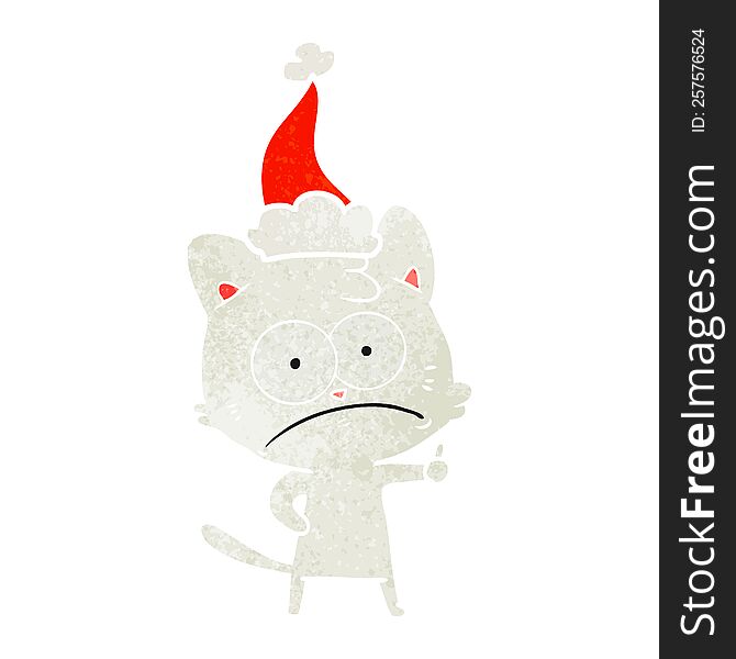 Retro Cartoon Of A Nervous Cat Wearing Santa Hat