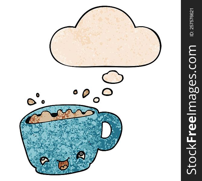 Cartoon Cup Of Coffee And Thought Bubble In Grunge Texture Pattern Style