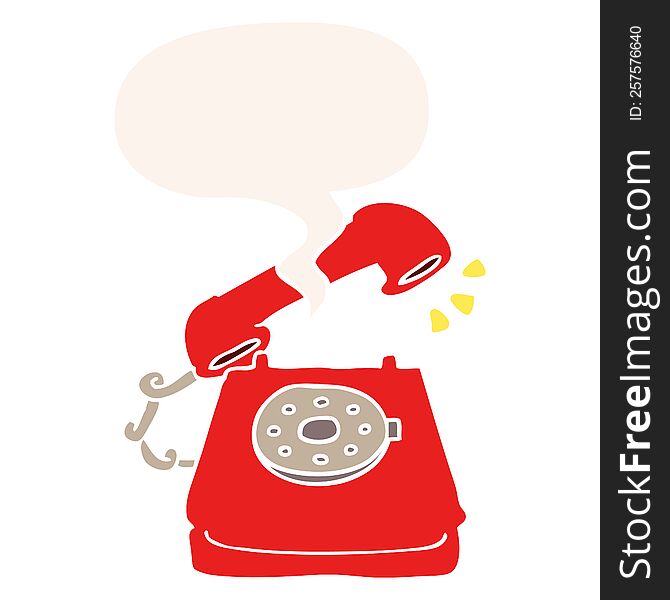 cartoon ringing telephone with speech bubble in retro style