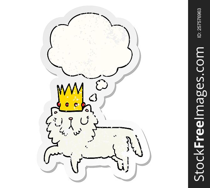 Cartoon Cat Wearing Crown And Thought Bubble As A Distressed Worn Sticker
