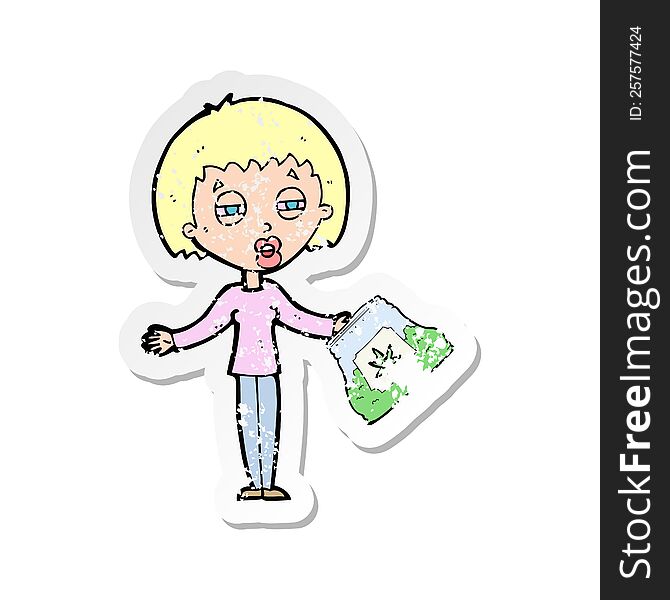 retro distressed sticker of a cartoon woman with bag of weed