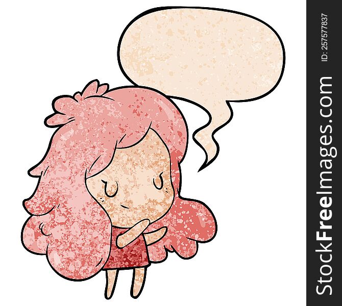 Cute Cartoon Girl And Speech Bubble In Retro Texture Style