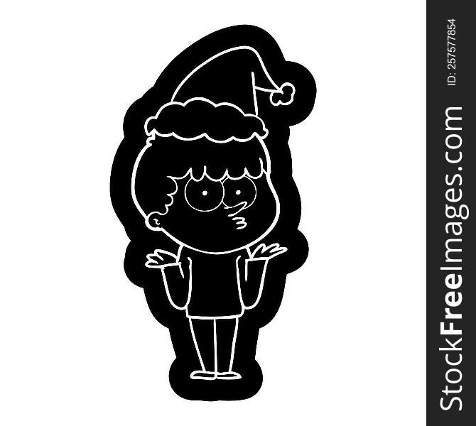 cartoon icon of a curious boy shrugging shoulders wearing santa hat