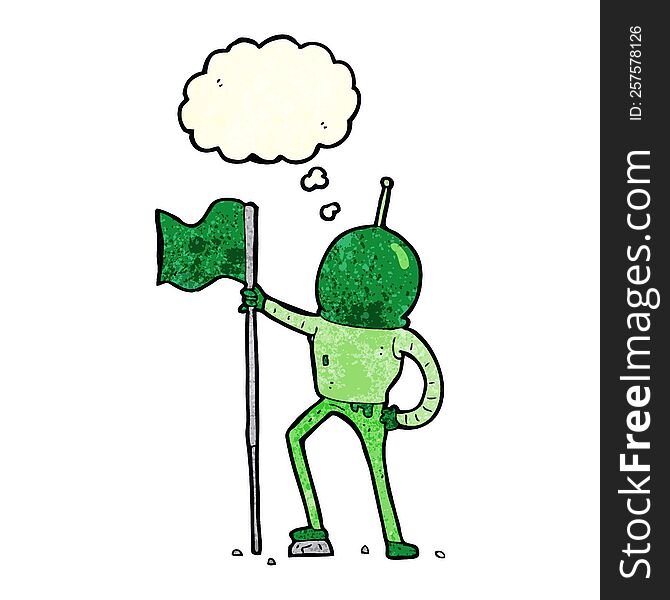 cartoon astronaut planting flag with thought bubble