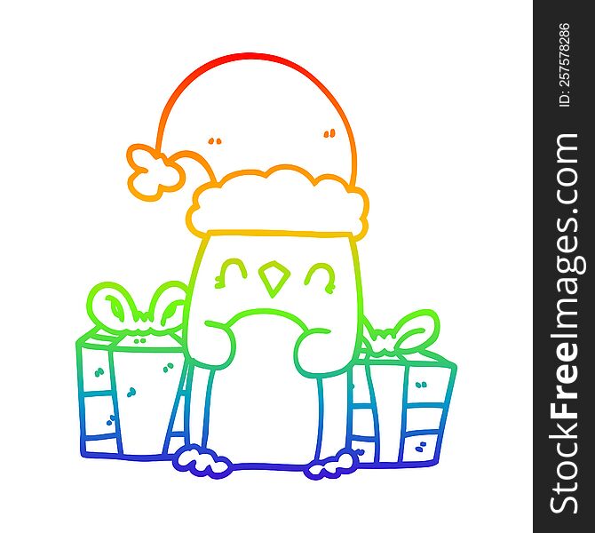 Rainbow Gradient Line Drawing Cute Christmas Penguin