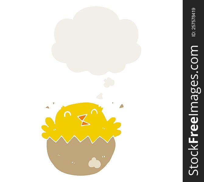 cartoon hatching chick with thought bubble in retro style