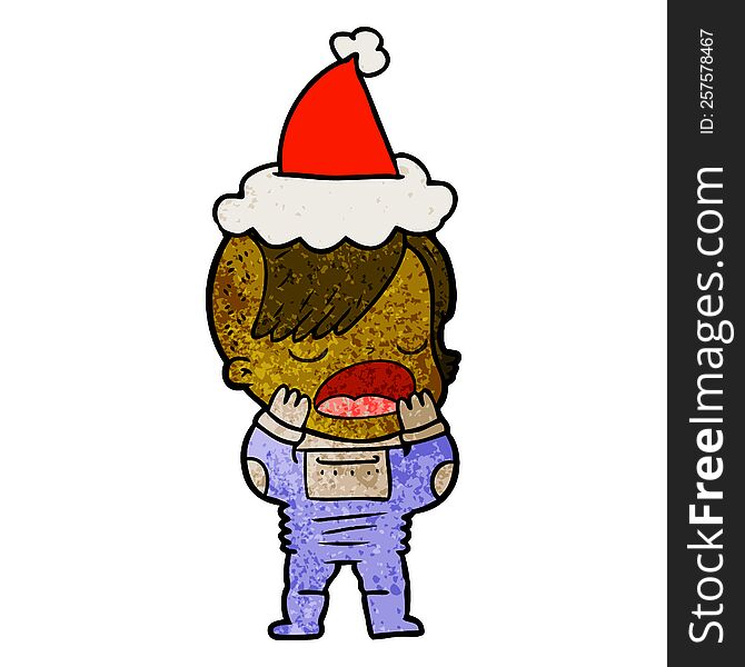 Textured Cartoon Of A Cool Hipster Girl In Space Suit Wearing Santa Hat