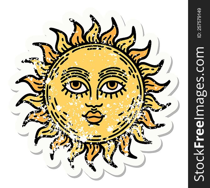 distressed sticker tattoo in traditional style of a sun with face. distressed sticker tattoo in traditional style of a sun with face