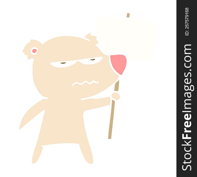 angry bear flat color style cartoon holding placard