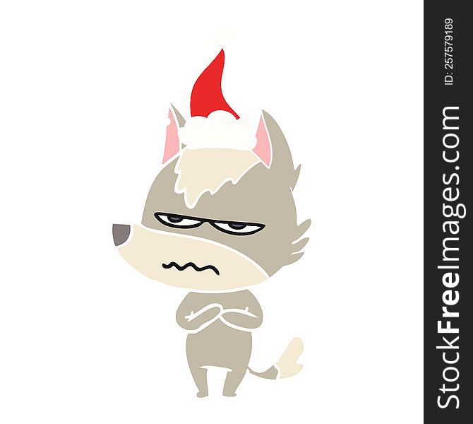 Flat Color Illustration Of A Annoyed Wolf Wearing Santa Hat