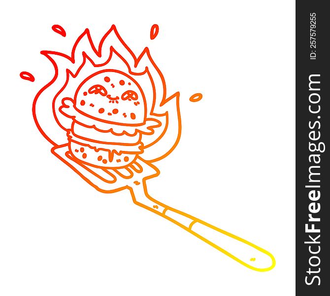 warm gradient line drawing of a cartoon burger cooking