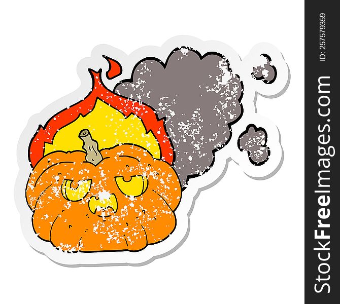 distressed sticker of a cartoon flaming halloween pumpkin