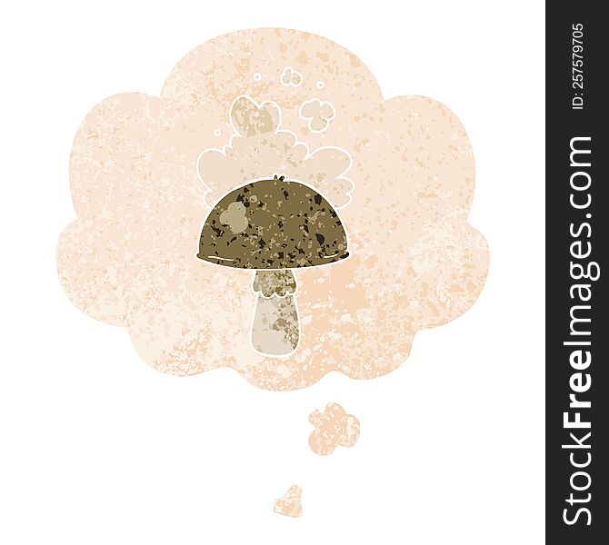 Cartoon Mushroom With Spore Cloud And Thought Bubble In Retro Textured Style