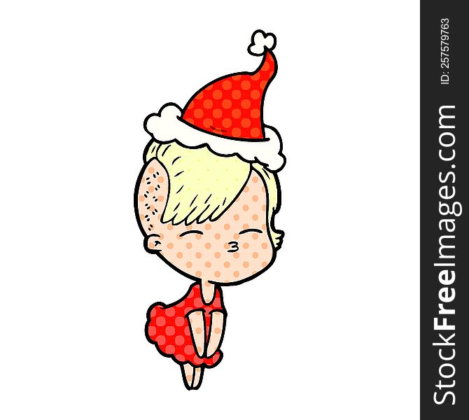 hand drawn comic book style illustration of a squinting girl in dress wearing santa hat