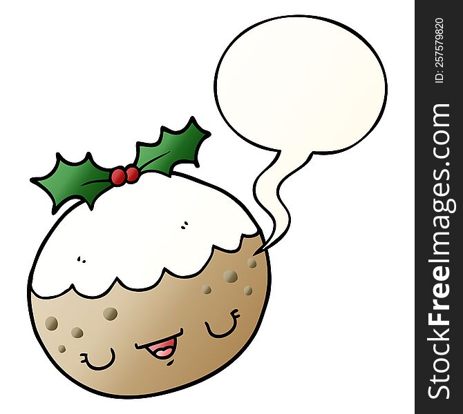 cute cartoon christmas pudding with speech bubble in smooth gradient style