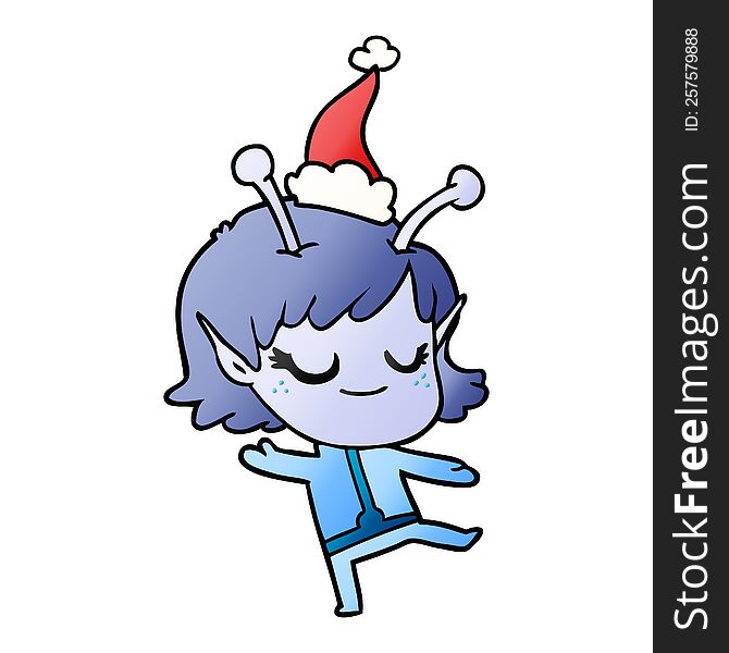 smiling alien girl hand drawn gradient cartoon of a wearing santa hat. smiling alien girl hand drawn gradient cartoon of a wearing santa hat