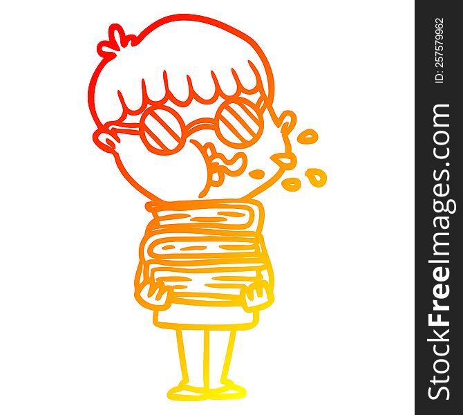 warm gradient line drawing of a cartoon boy wearing dark glasses carrying books