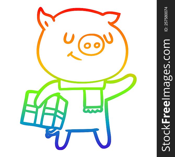 rainbow gradient line drawing of a happy cartoon pig with christmas present