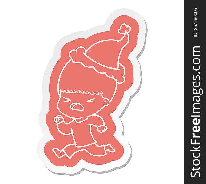 quirky cartoon  sticker of a stressed man wearing santa hat