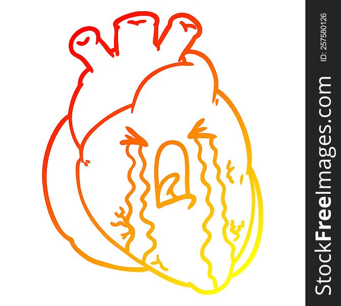 warm gradient line drawing of a cartoon heart crying