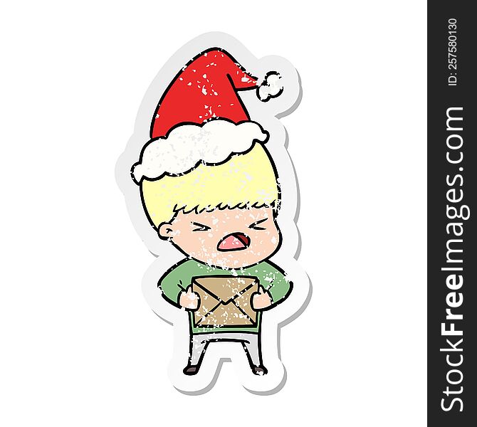 Distressed Sticker Cartoon Of A Stressed Man Wearing Santa Hat