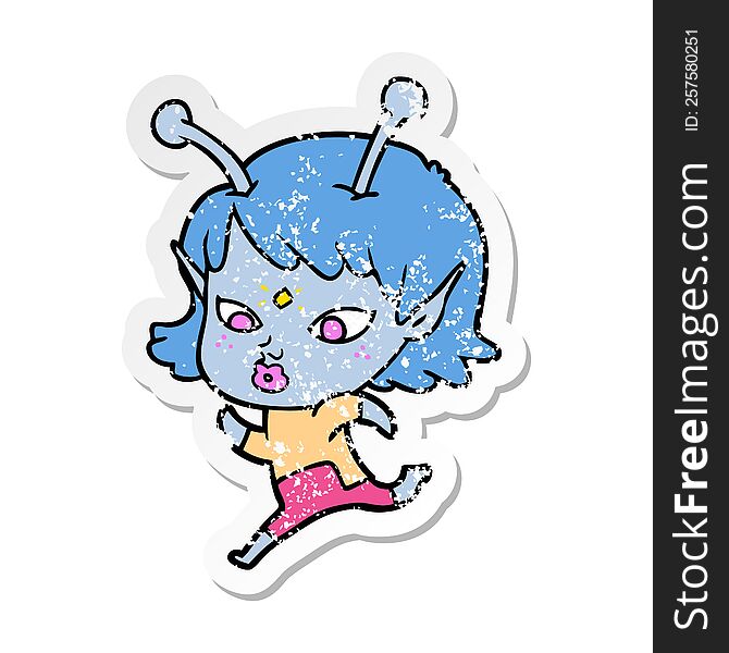 distressed sticker of a pretty cartoon alien girl running