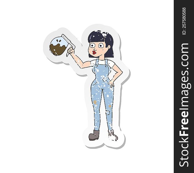 retro distressed sticker of a cartoon woman in dungarees with coffee