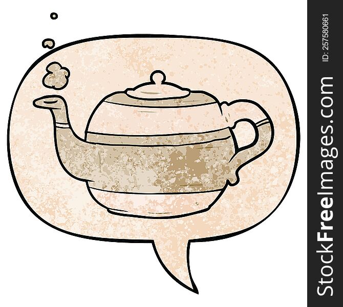 cartoon tea pot with speech bubble in retro texture style