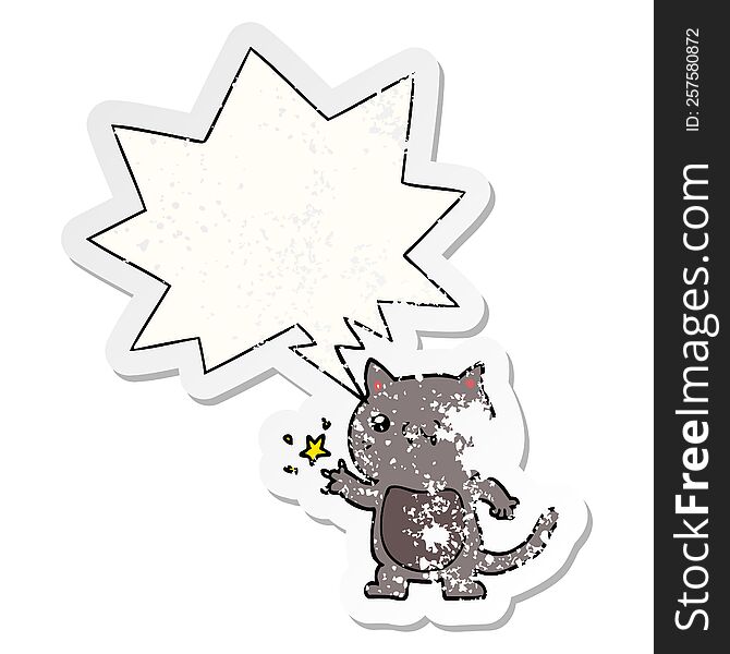 Cartoon Cat Scratching And Speech Bubble Distressed Sticker