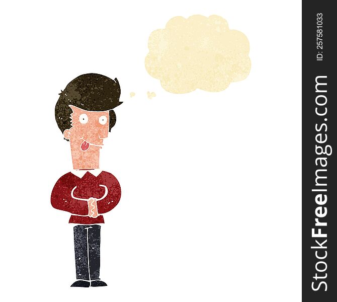 cartoon man sticking out tongue with thought bubble